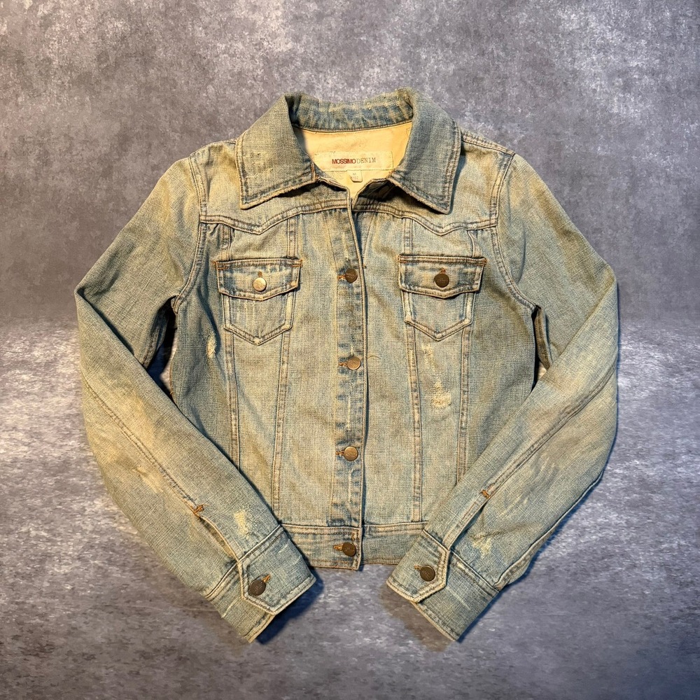Y2K Mossimo Denim Womens Medium Blue Distressed Jean Jacket Button Up Trucker